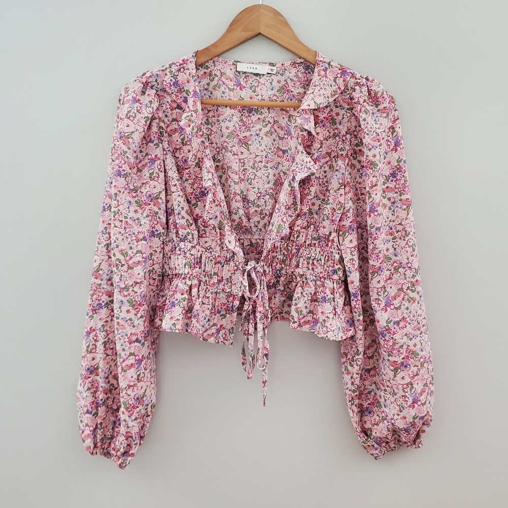 Lush cropped peasant top tie front ruffles small